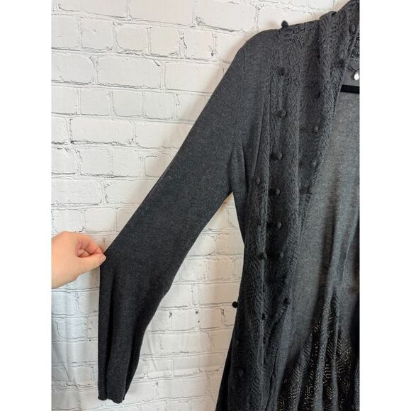 KNITTED & KNOTTED dark gray anthracite open front belted cardigan sweater M - Picture 7 of 10